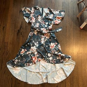 Green floral midi dress - High Low cut with flutter sleeves